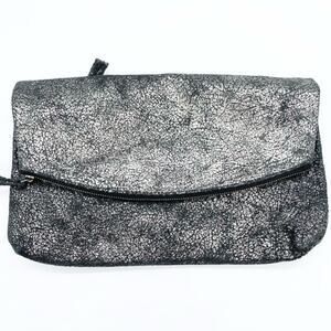Kim White Metallic Fold Flap Zip Clutch Black/Silver - Medium Size - Cocktail
